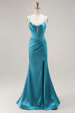 Peacock Blue Corset Satin Mermaid Long Prom Dress with Slit