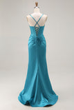 Peacock Blue Corset Satin Mermaid Long Prom Dress with Slit