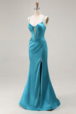 Peacock Blue Corset Satin Mermaid Long Prom Dress with Slit