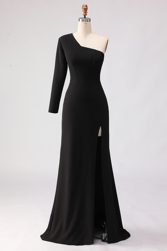 Black Sheath One Shoulder Long Mother of the Bride Dress with Slit