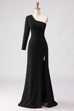 Black Sheath One Shoulder Long Mother of the Bride Dress with Slit