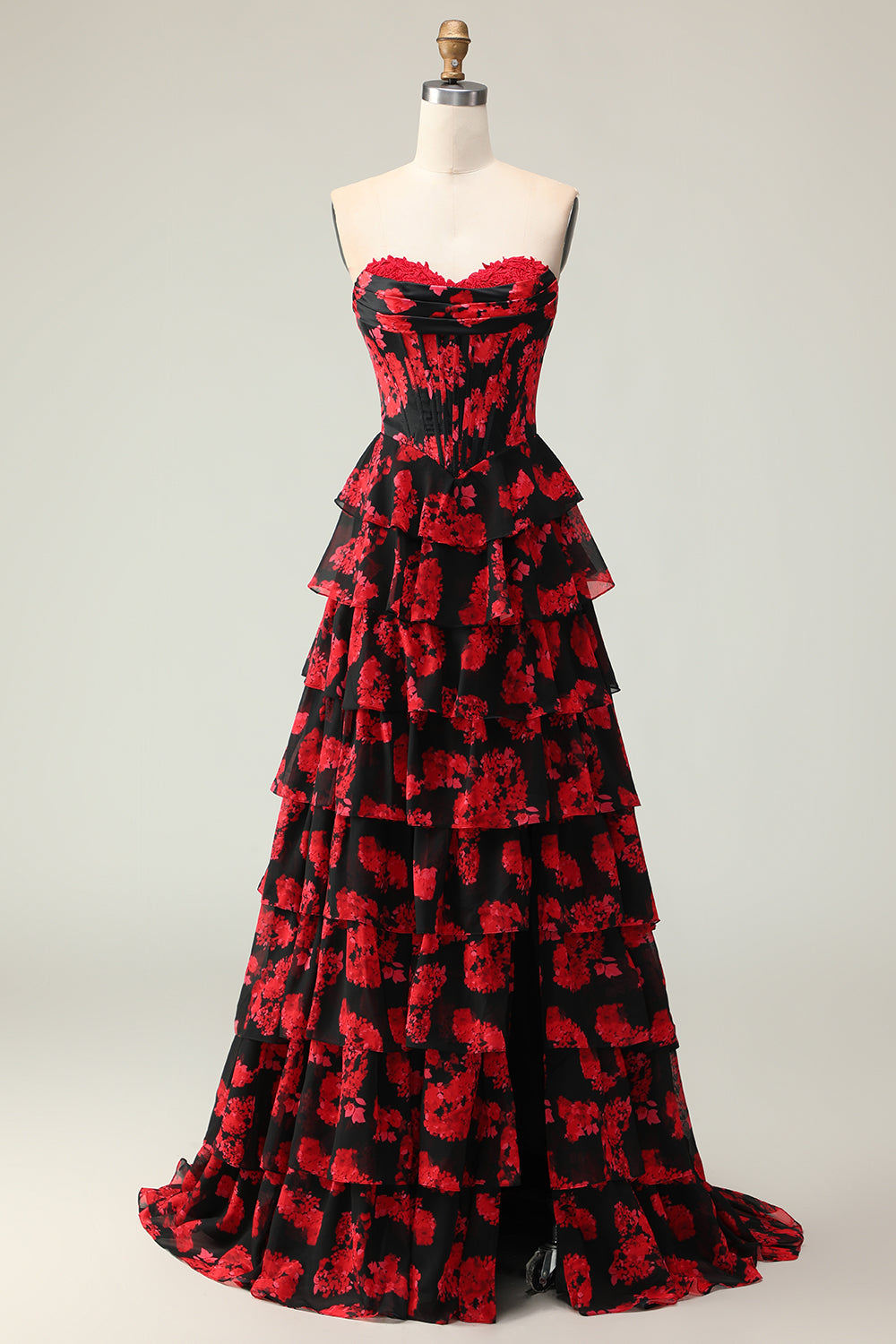 Black and Red Floral Strapless Ruffled Corset Long Prom Dress with Slit