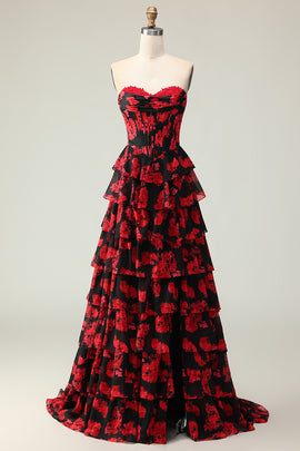 Black and Red Floral Strapless Ruffled Corset Long Prom Dress with Slit