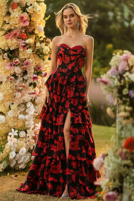 Floral Black and Red Strapless Ruffled Long Corset Prom Dress with Slit