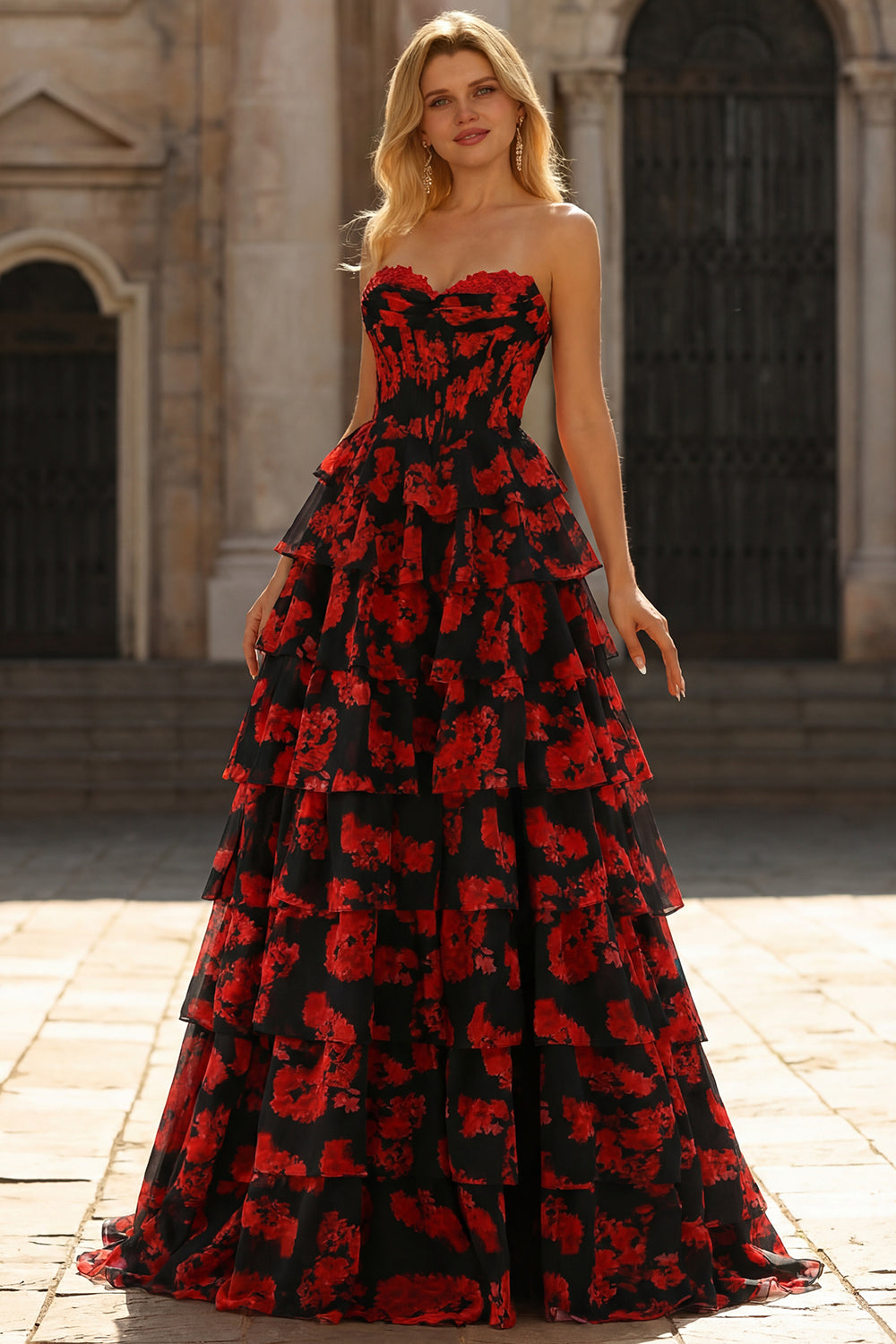 Black and Red Floral Strapless Ruffled Corset Long Prom Dress with Slit