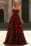 Black and Red Floral Strapless Ruffled Corset Long Prom Dress with Slit