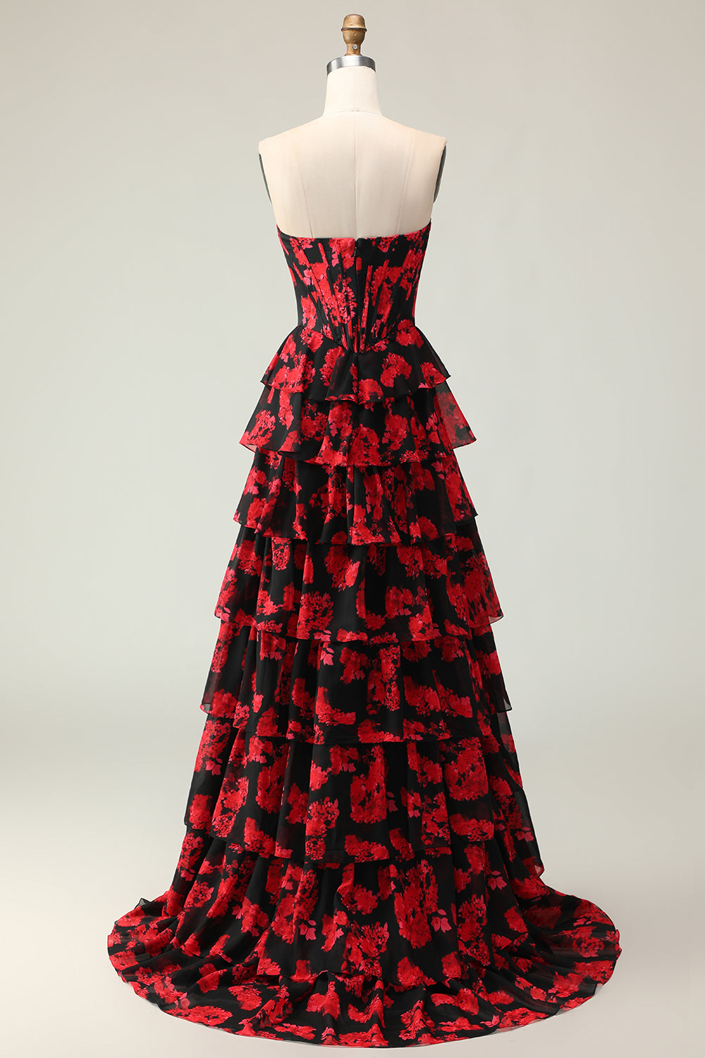 Black and Red Floral Strapless Ruffled Corset Long Prom Dress with Slit