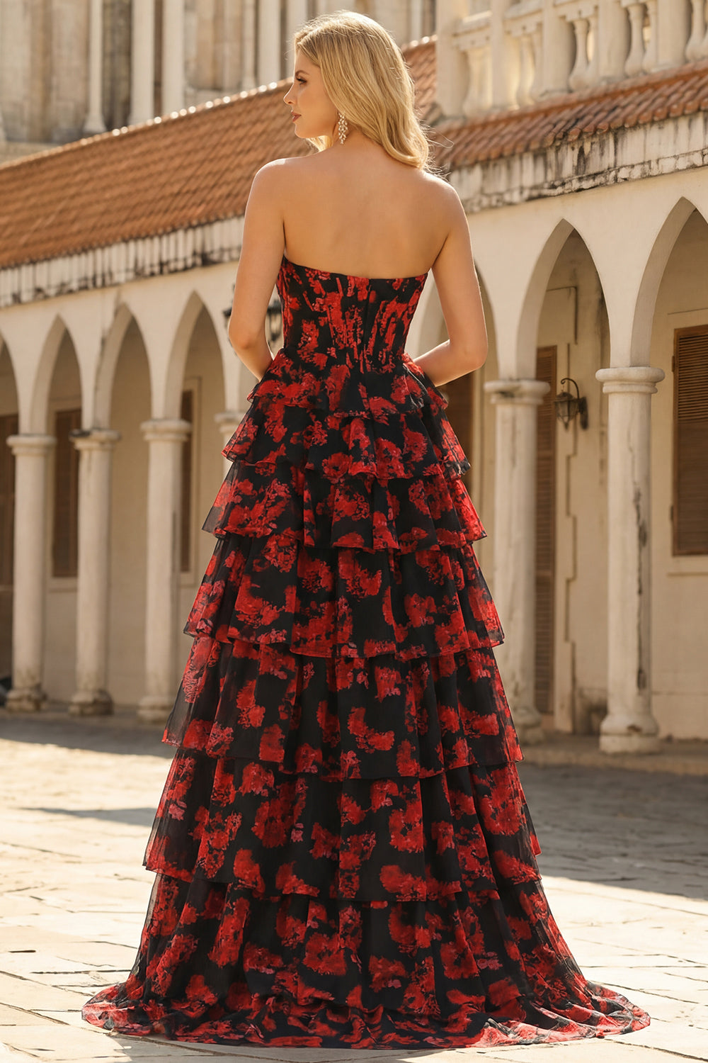 Black and Red Floral Strapless Ruffled Corset Long Prom Dress with Slit