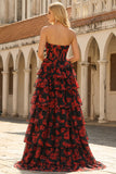 Black and Red Floral Strapless Ruffled Corset Long Prom Dress with Slit