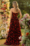 Black and Red Floral Strapless Ruffled Corset Long Prom Dress with Slit