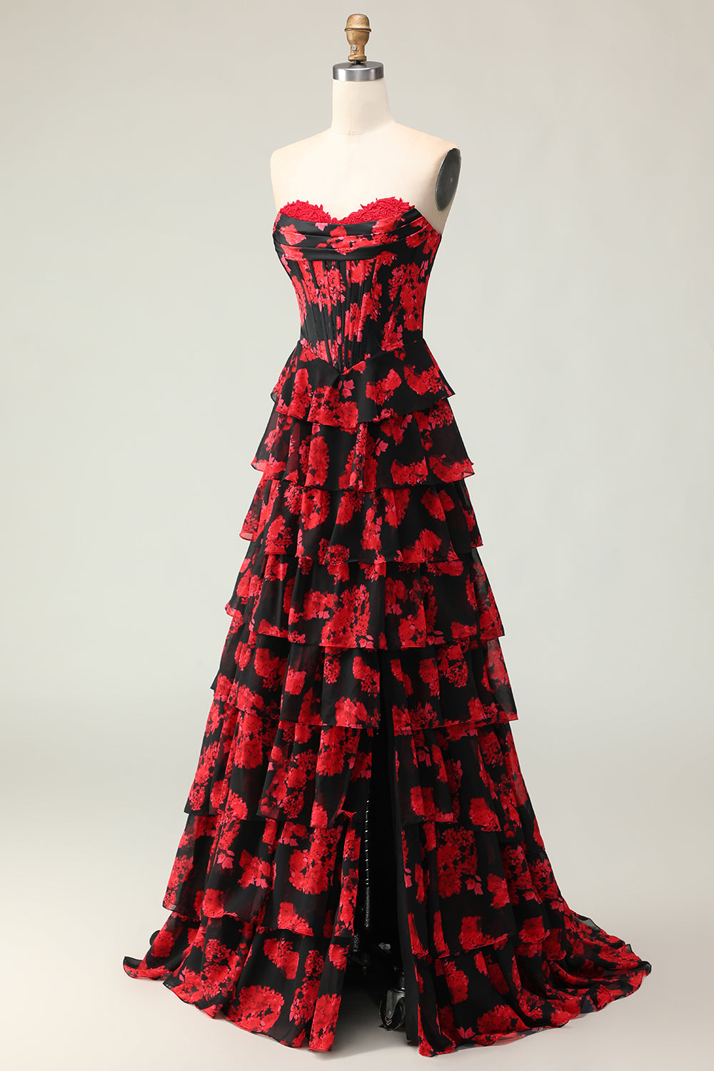 Black and Red Floral Strapless Ruffled Corset Long Prom Dress with Slit