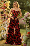 Floral Black and Red Strapless Ruffled Long Corset Prom Dress with Slit