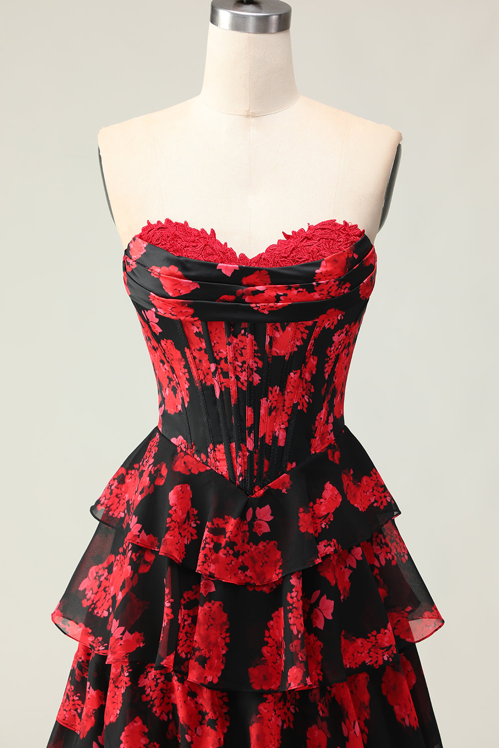 Black and Red Floral Strapless Ruffled Corset Long Prom Dress with Slit