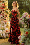 Floral Black and Red Strapless Ruffled Long Corset Prom Dress with Slit