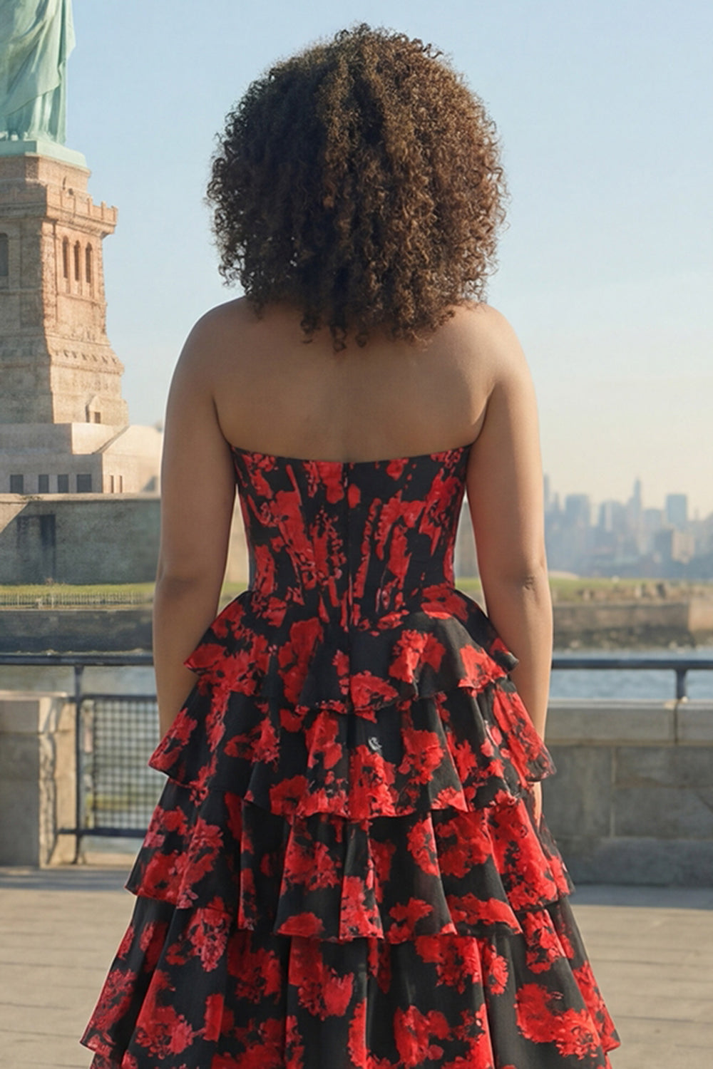 Plus Size Black and Red Floral Strapless Corset Long Prom Dress with Slit