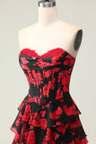 Black and Red Floral Strapless Ruffled Corset Long Prom Dress with Slit