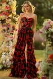 Floral Black and Red Strapless Ruffled Long Corset Prom Dress with Slit