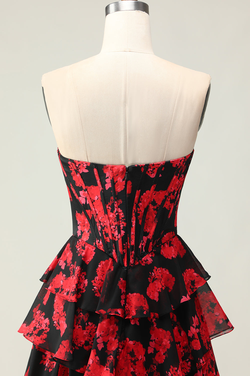 Black and Red Floral Strapless Ruffled Corset Long Prom Dress with Slit