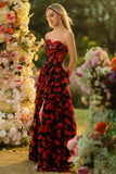 Floral Black and Red Strapless Ruffled Long Corset Prom Dress with Slit