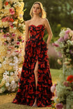 Floral Black and Red Strapless Ruffled Long Corset Prom Dress with Slit