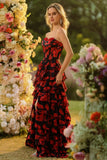Floral Black and Red Strapless Ruffled Long Corset Prom Dress with Slit