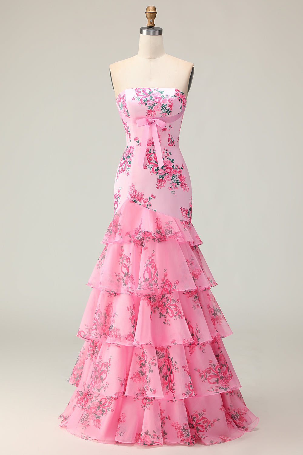 Pink Floral Strapless Ruffled Mermaid Long Prom Dress