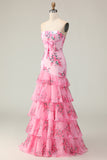 Pink Floral Strapless Ruffled Mermaid Long Prom Dress