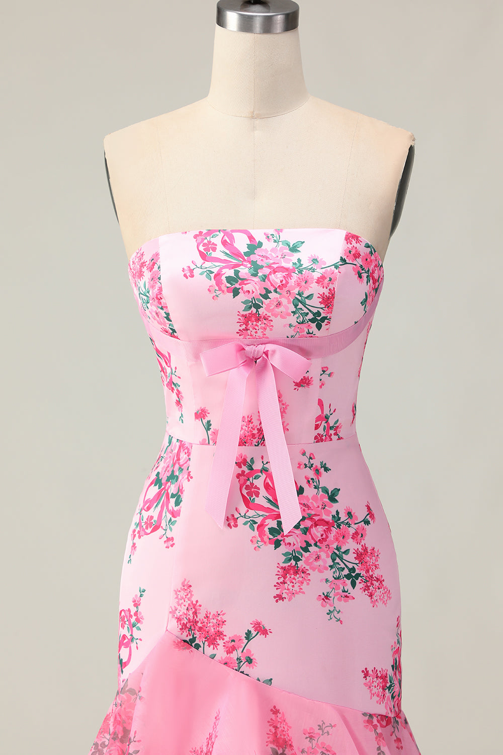 Pink Floral Strapless Ruffled Mermaid Long Prom Dress