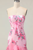 Pink Floral Strapless Ruffled Mermaid Long Prom Dress