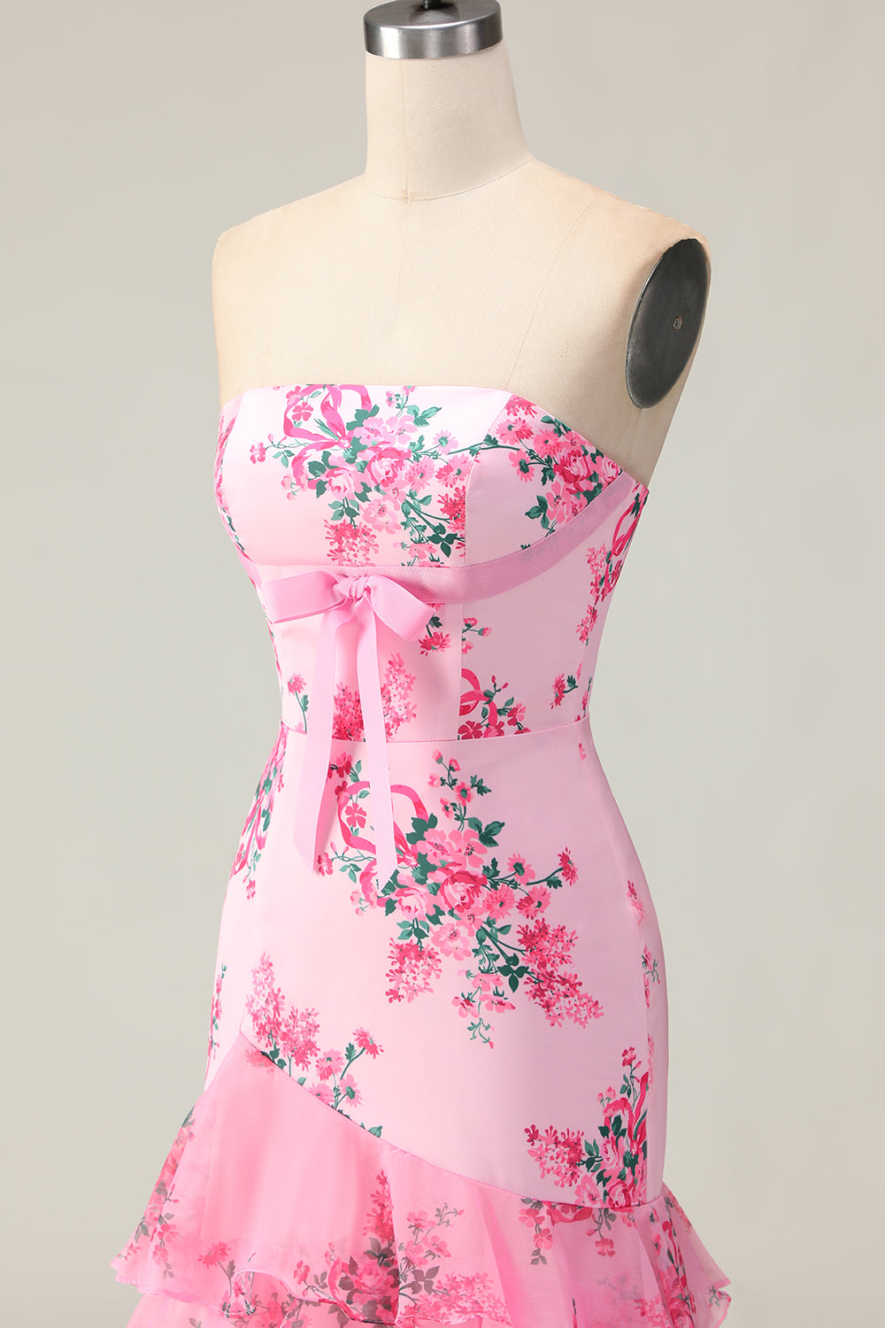 Pink Floral Strapless Ruffled Mermaid Long Prom Dress