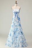 Blue and White Floral Ruffled Strapless Mermaid Long Prom Dress