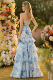 Blue and White Floral Ruffled Strapless Mermaid Long Prom Dress