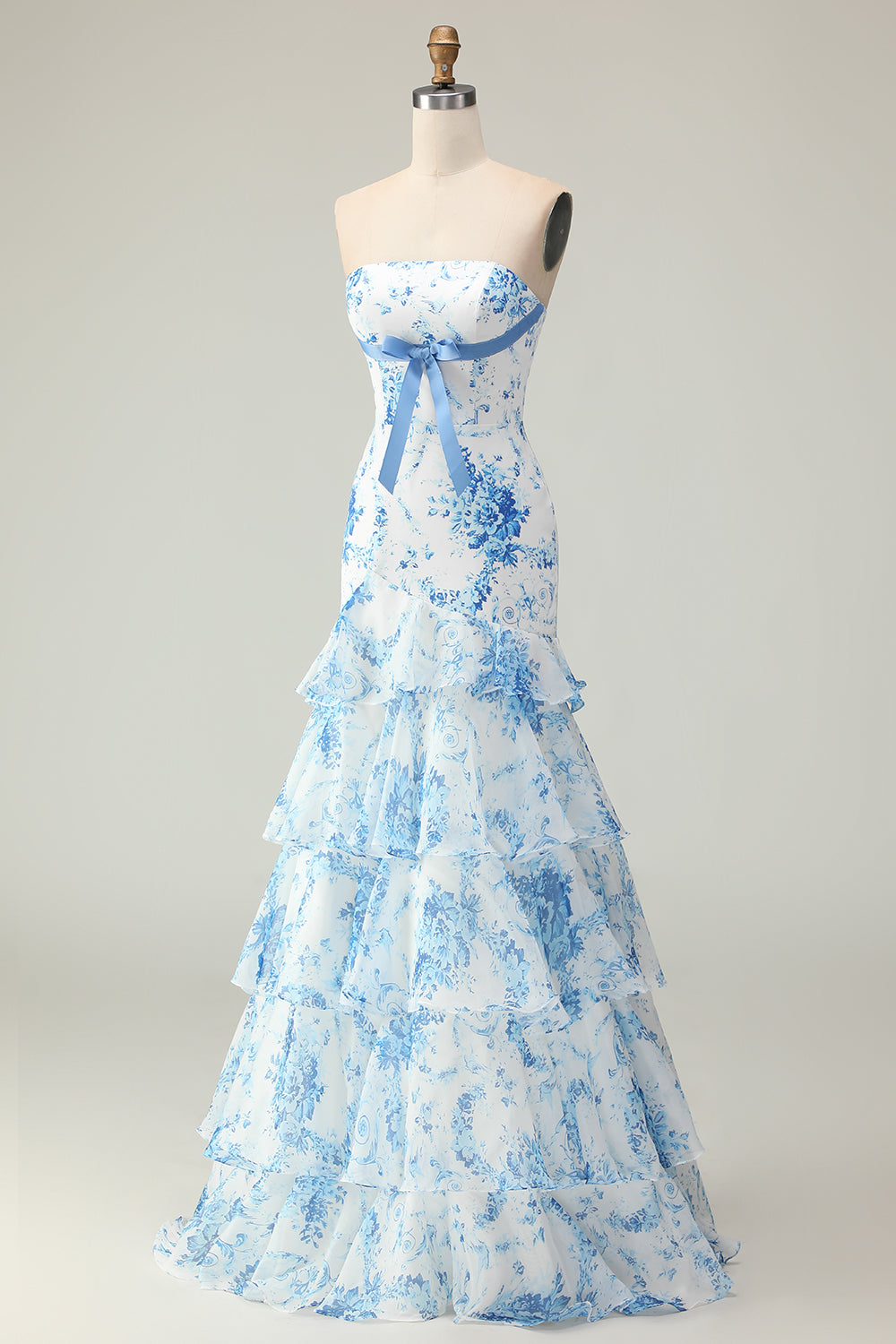 Blue and White Floral Ruffled Strapless Mermaid Long Prom Dress