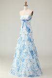 Blue and White Floral Ruffled Strapless Mermaid Long Prom Dress