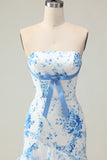 Blue and White Floral Ruffled Strapless Mermaid Long Prom Dress