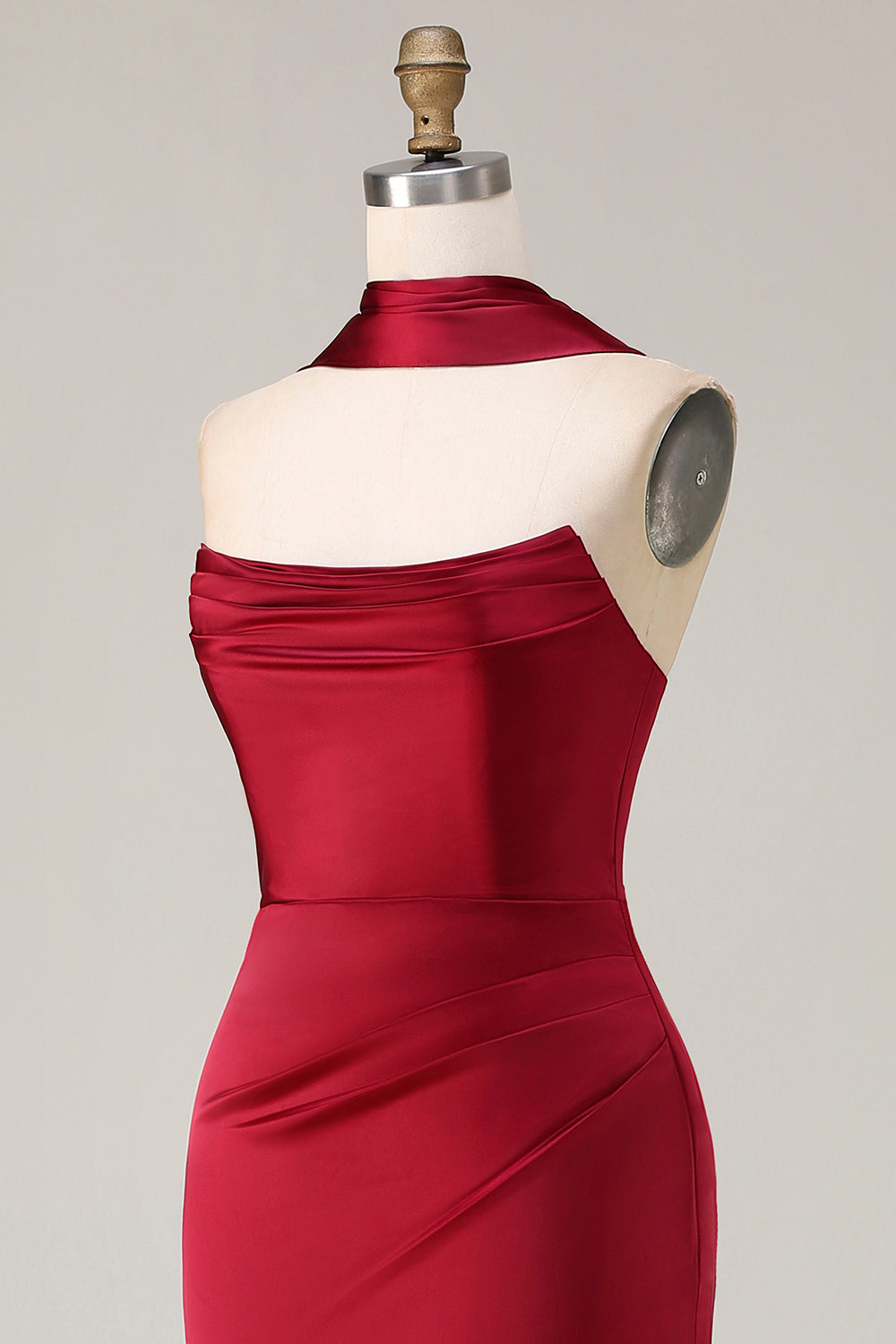 Burgundy Satin Mermaid Neck Scarf Ruched Long Prom Dress