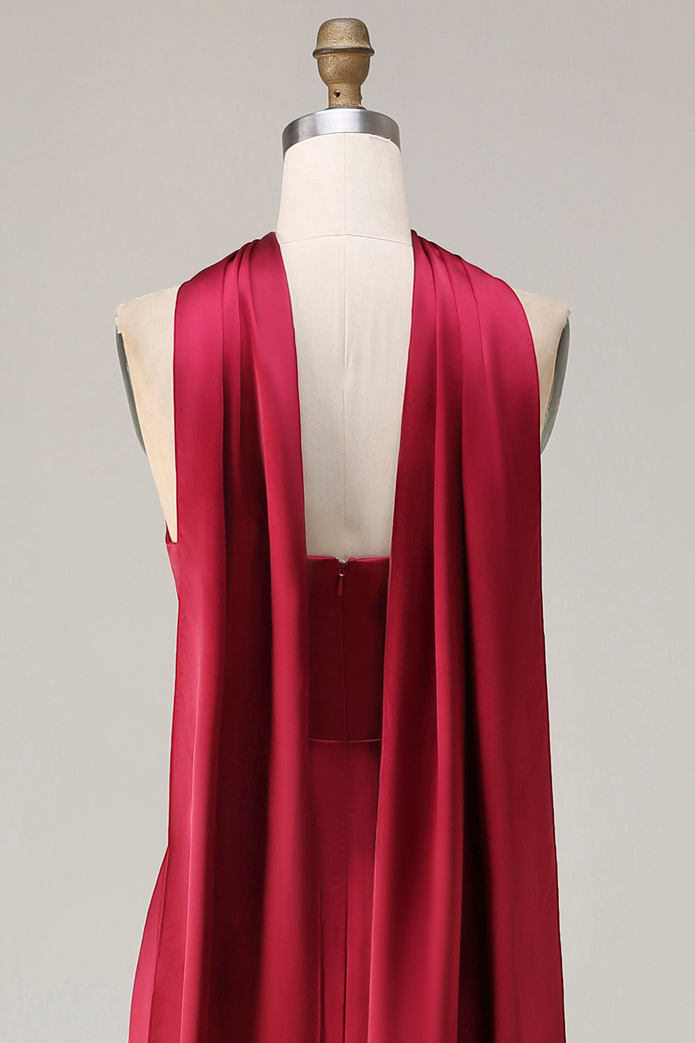 Burgundy Satin Mermaid Neck Scarf Ruched Long Prom Dress
