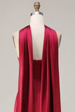 Burgundy Satin Mermaid Neck Scarf Ruched Long Prom Dress