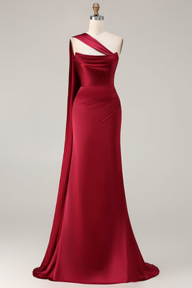 Burgundy Satin Mermaid Neck Scarf Ruched Long Prom Dress