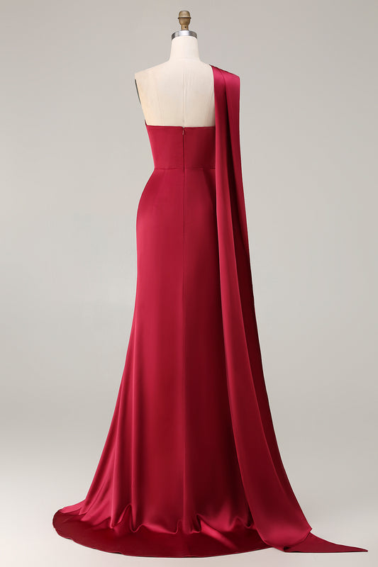 Burgundy Satin Mermaid Neck Scarf Ruched Long Prom Dress