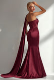 Burgundy Satin Mermaid Neck Scarf Ruched Long Prom Dress