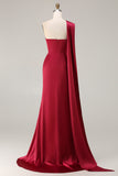 Burgundy Satin Mermaid Neck Scarf Ruched Long Prom Dress