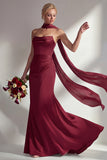 Burgundy Satin Mermaid Neck Scarf Ruched Long Prom Dress