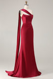 Burgundy Satin Mermaid Neck Scarf Ruched Long Prom Dress