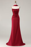 Burgundy Satin Mermaid Neck Scarf Ruched Long Prom Dress