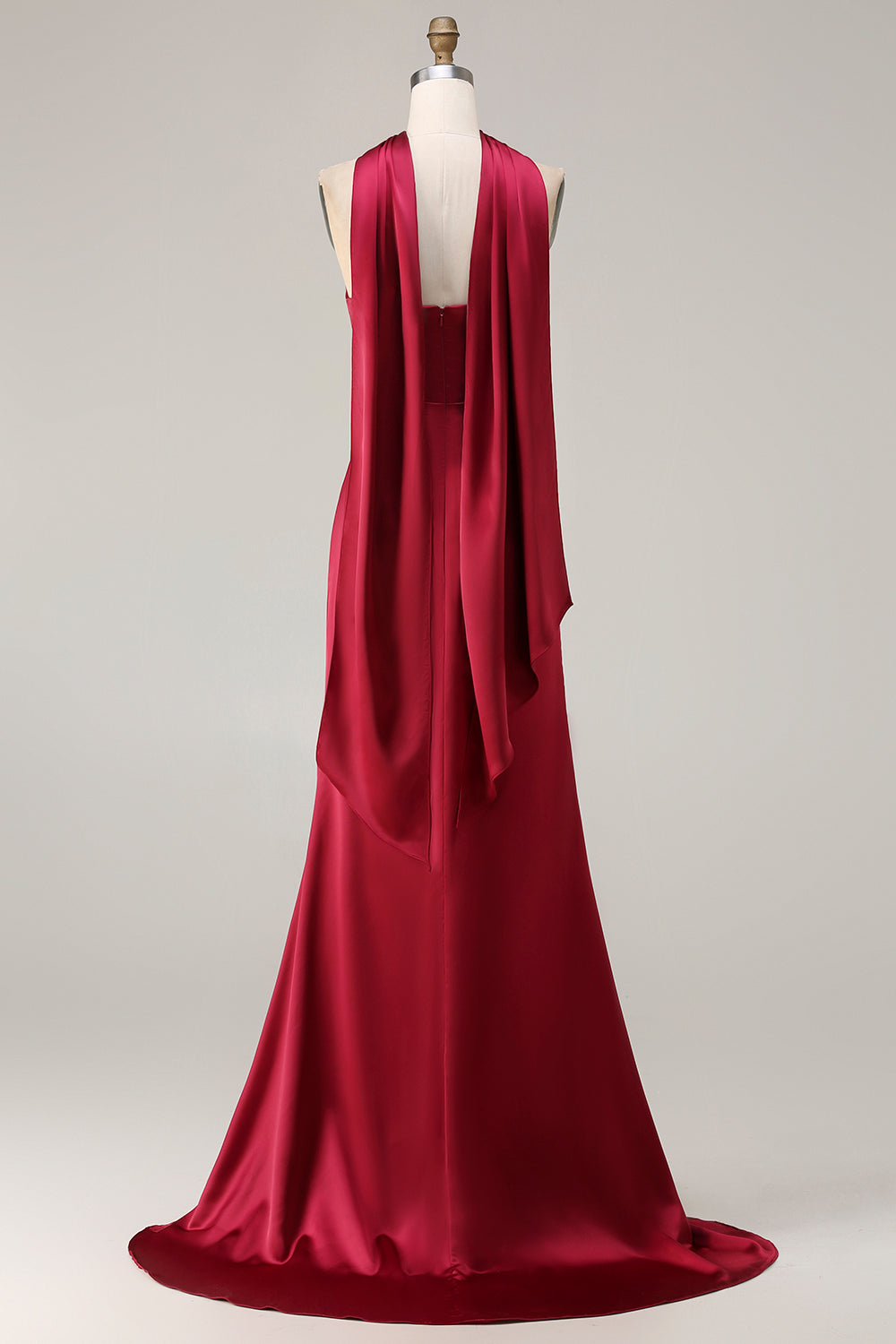 Burgundy Satin Mermaid Neck Scarf Ruched Long Prom Dress