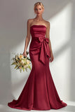 Burgundy Satin Mermaid Neck Scarf Ruched Long Prom Dress