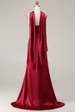 Burgundy Satin Mermaid Neck Scarf Ruched Long Prom Dress