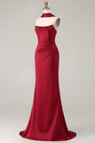 Burgundy Satin Mermaid Neck Scarf Ruched Long Prom Dress