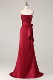 Burgundy Satin Mermaid Neck Scarf Ruched Long Prom Dress